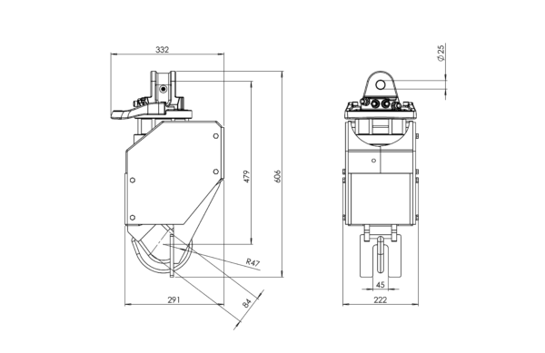 plan d'encombrement CROCHET TOURNANT HYDRAULIQUE 4T RC26SV