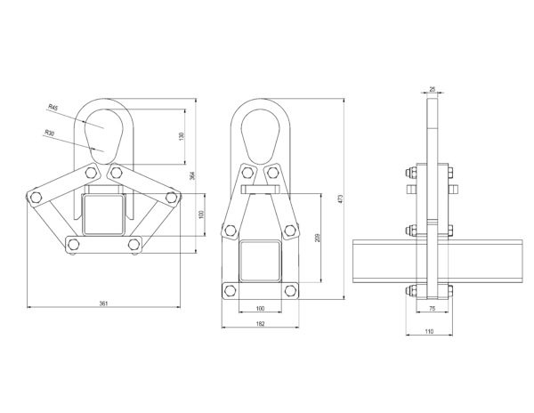 Plan d'encombrement Suspension non pivotante SF22 Carré de 100 et 120