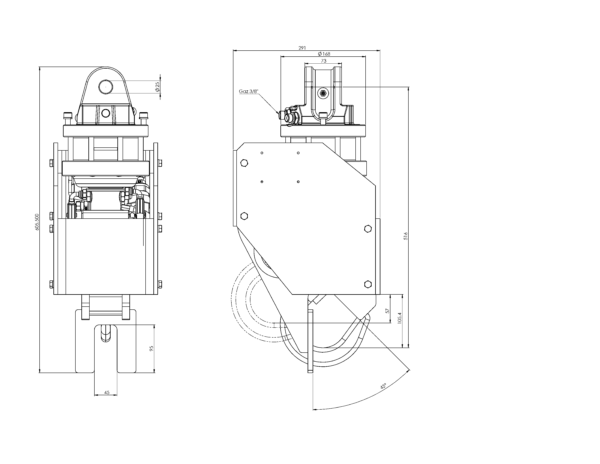 plan d'encombrement CROCHET TOURNANT HYDRAULIQUE 4T RC26C