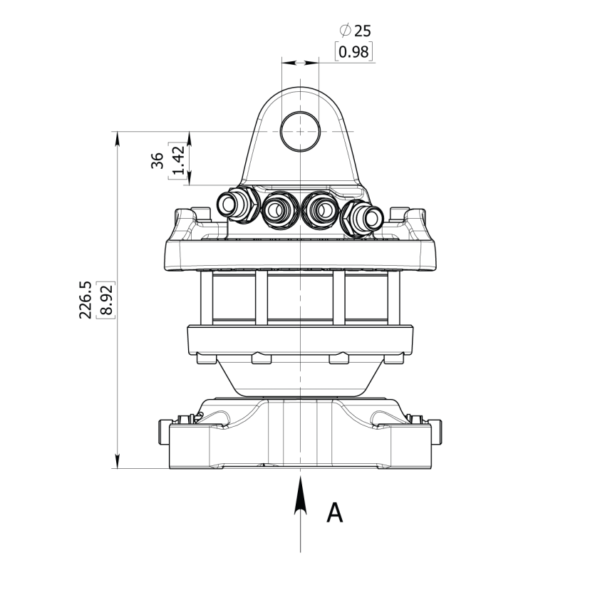 plan d'encombrement ROTATOR FLASQUÉ HYDRAULIQUE CMU = 3T T030F