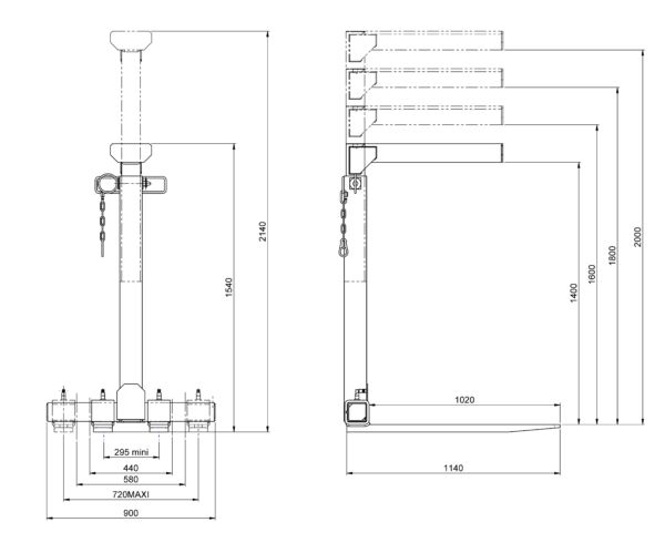 Plan d'encombrement Lève-Palette Télescopique h2000 SECMI RLH20SL