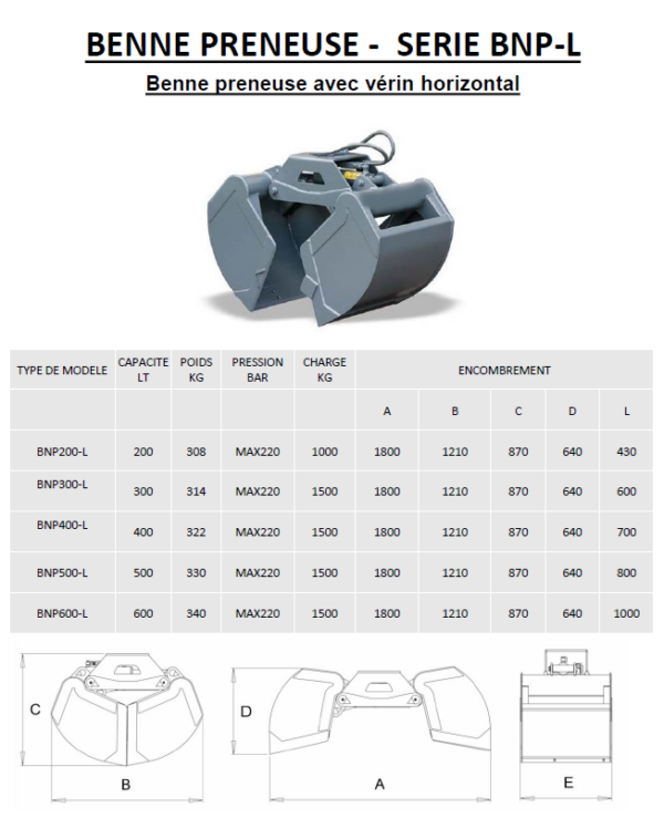 Tableau benne preneuse série BNP-L pour le chargement de matériaux en vrac.